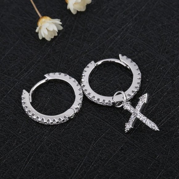 *925 Sterling Silver Diamond Cross Hoop Earrings - Picture 4 of 6
